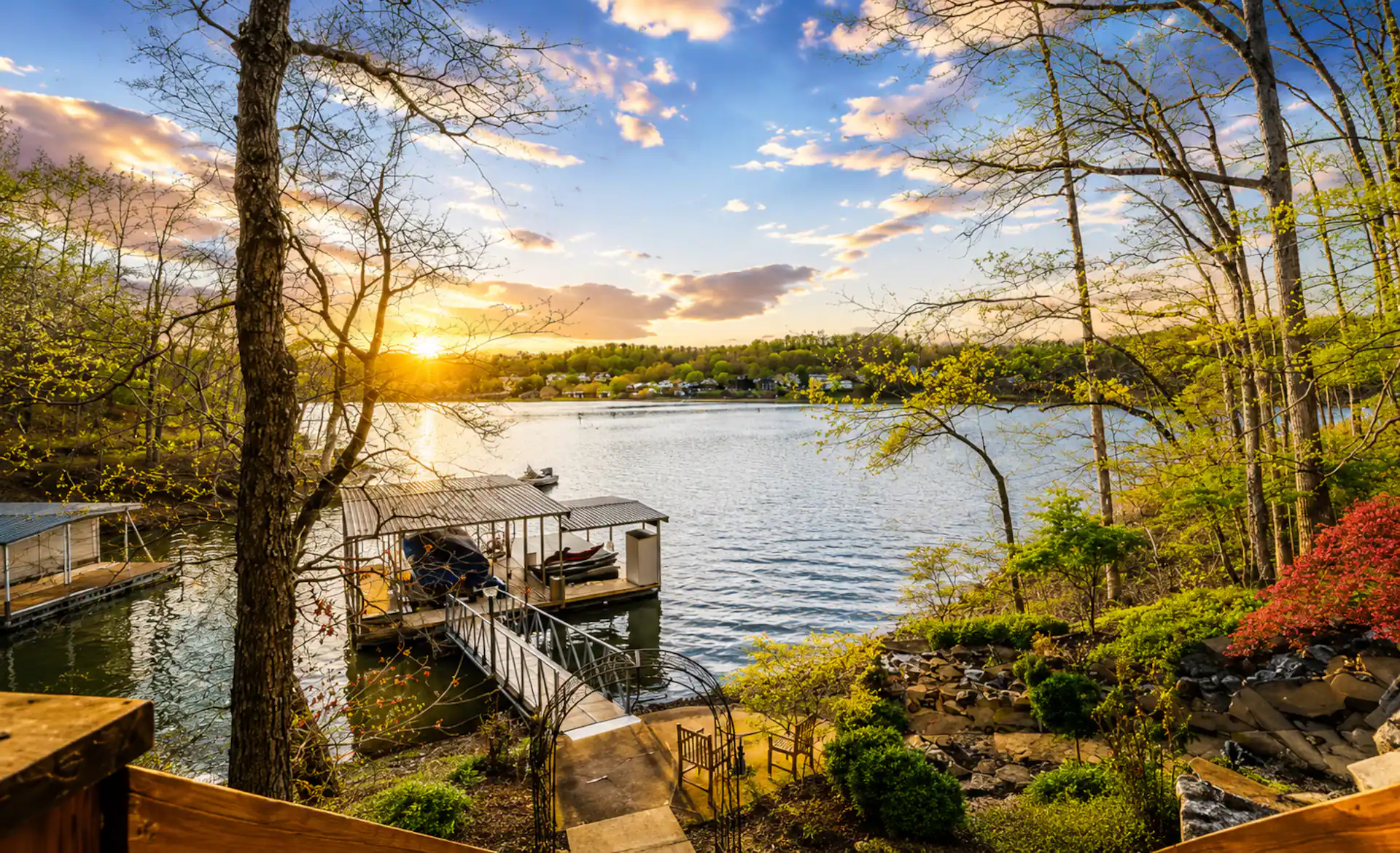The cove at sunset, looking down over the private dock